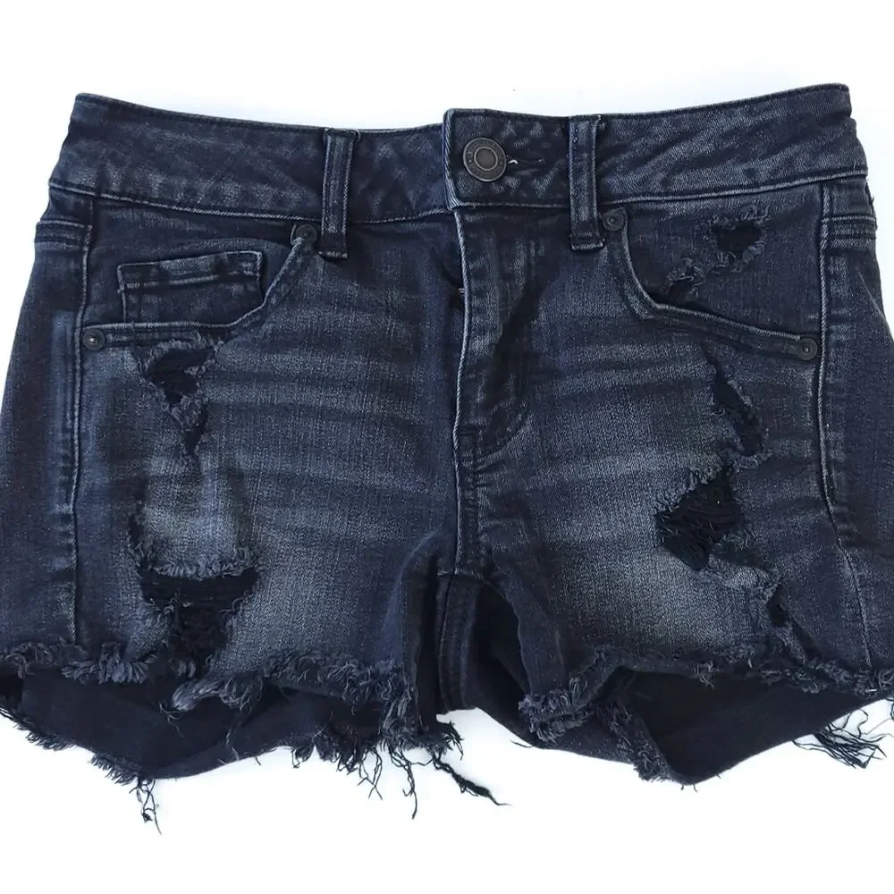 American Eagle Black Jean Shorts SZ 4 Distressed Destroyed Cutoff Boho Festival